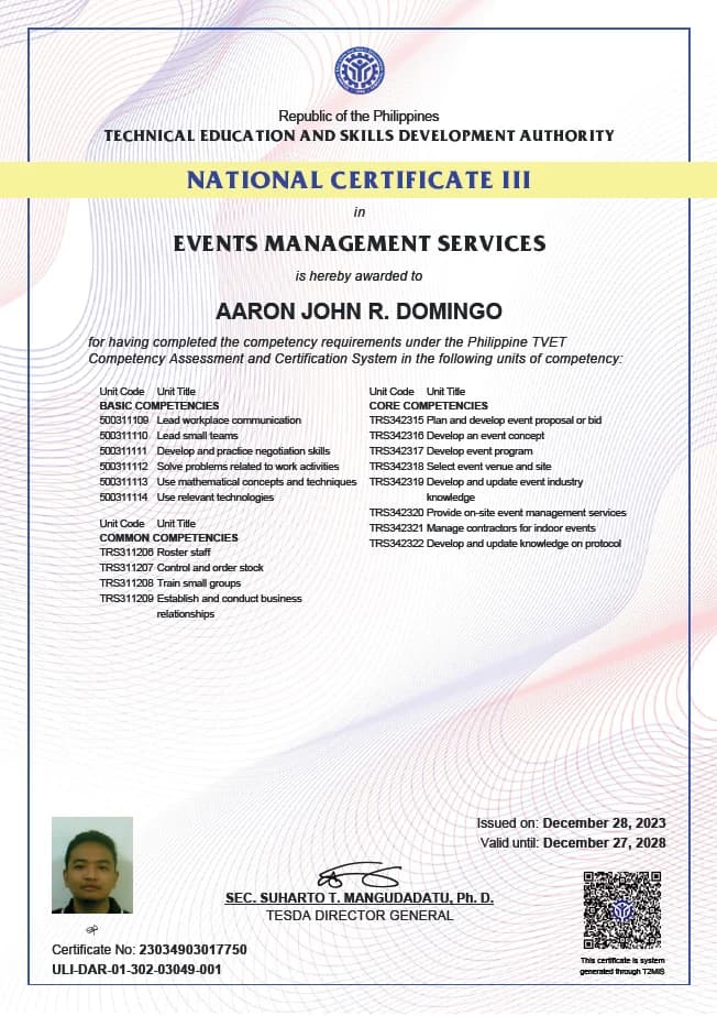 Approved preview of Events Management Services NC III