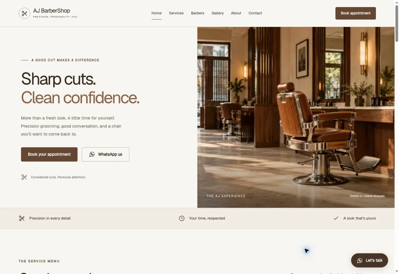 AJ BarberShop homepage with a cream and brown layout and shop interior displayed on desktop