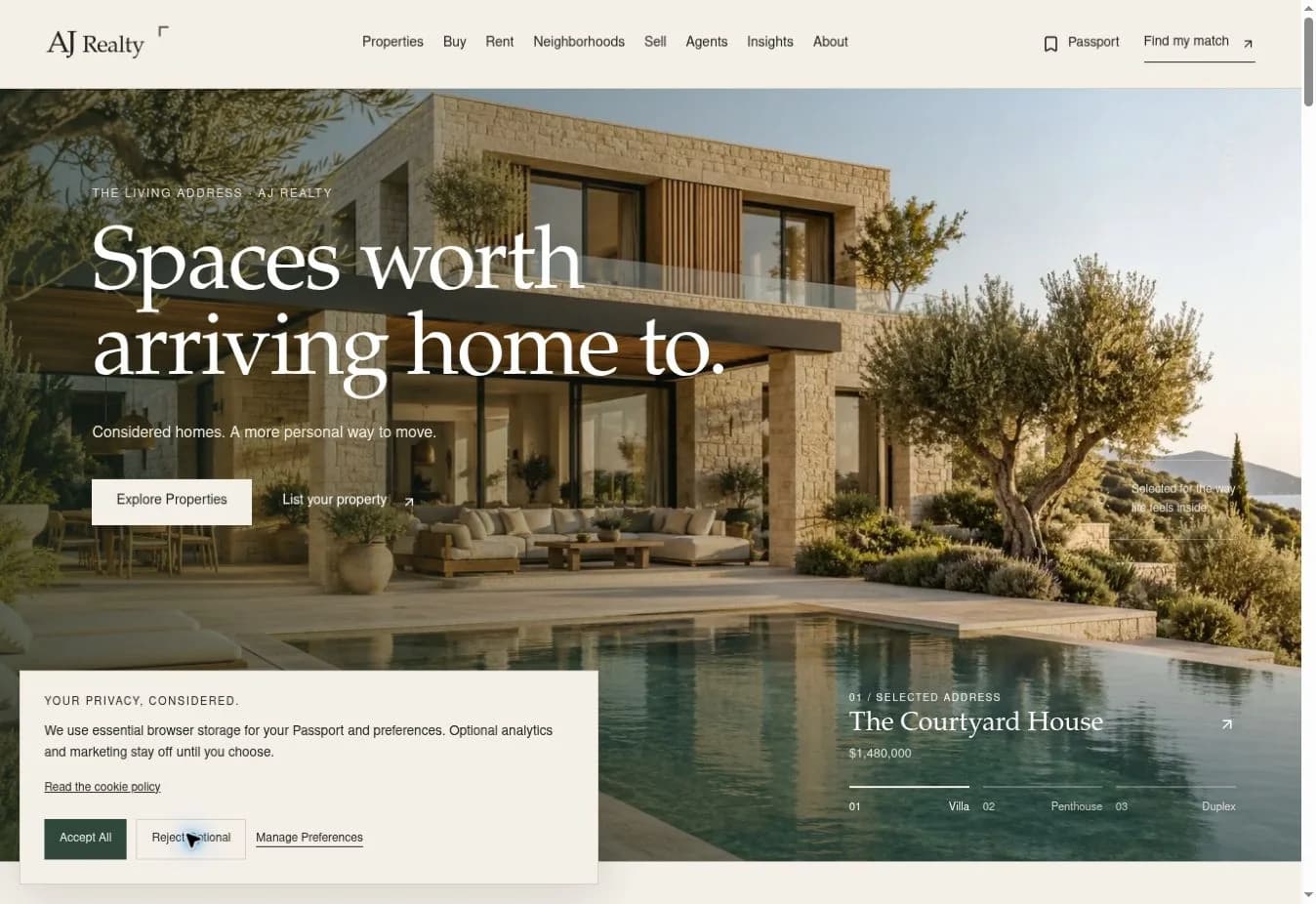 AJ Realty property discovery homepage with architectural photography displayed on desktop
