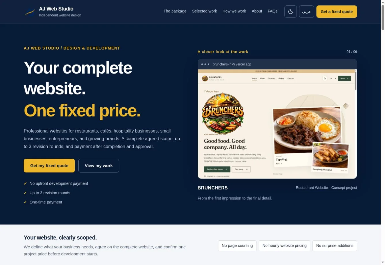 AJ Web Studio live homepage showing its distinct visual identity and principal navigation