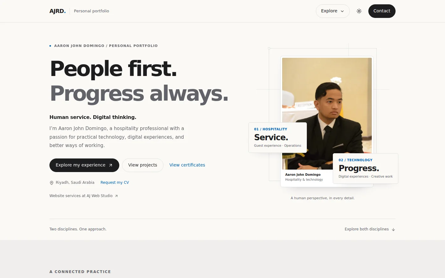 AJRD professional portfolio homepage showing its portrait, hospitality identity, and technology identity on desktop