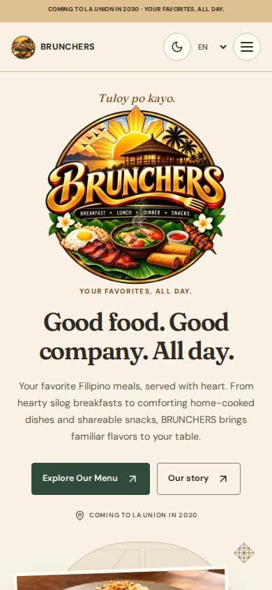BRUNCHERS Filipino restaurant homepage displayed on mobile