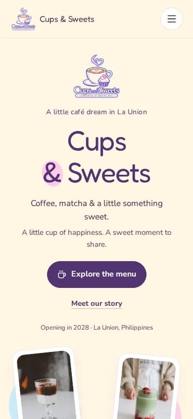 Cups and Sweets café homepage displayed on mobile