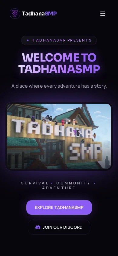 TadhanaSMP Minecraft community homepage displayed on mobile